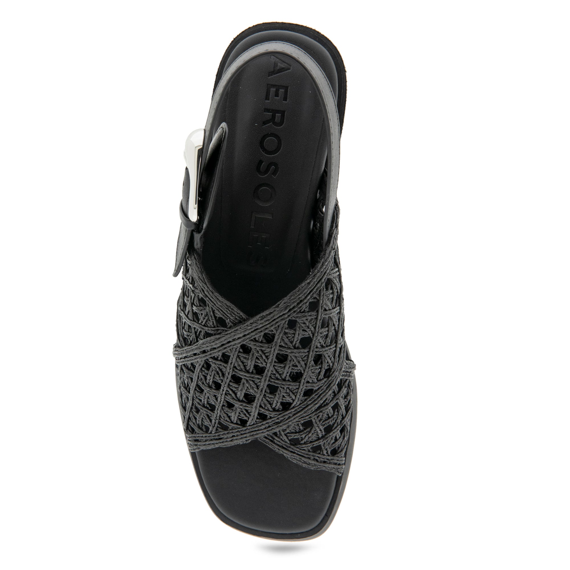 Demi Sandal Block Heel | Black Crochet Raffia/Faux Nappa