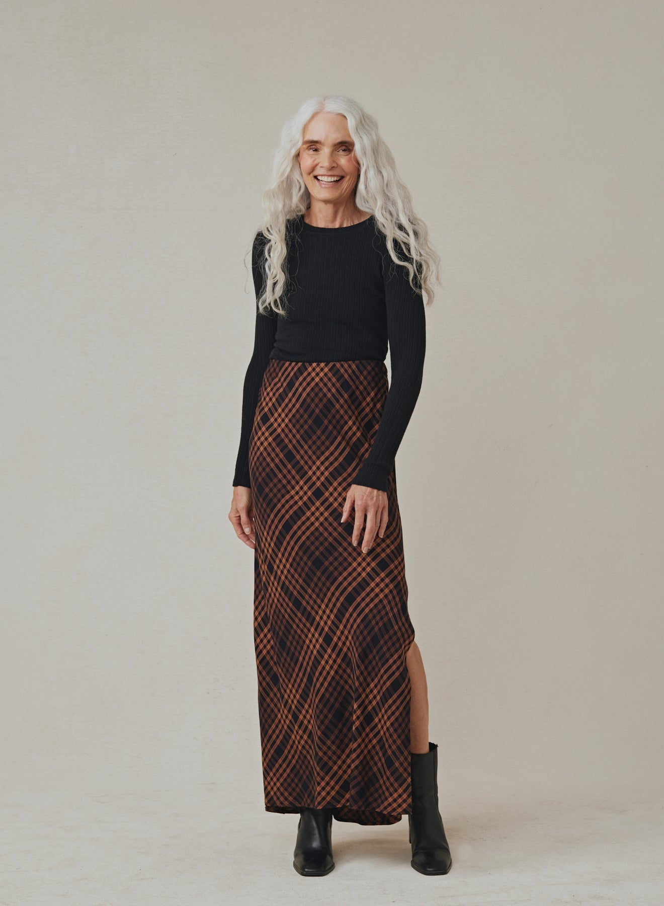 Side Slit Bias Maxi Skirt | Autumn Ember Plaid