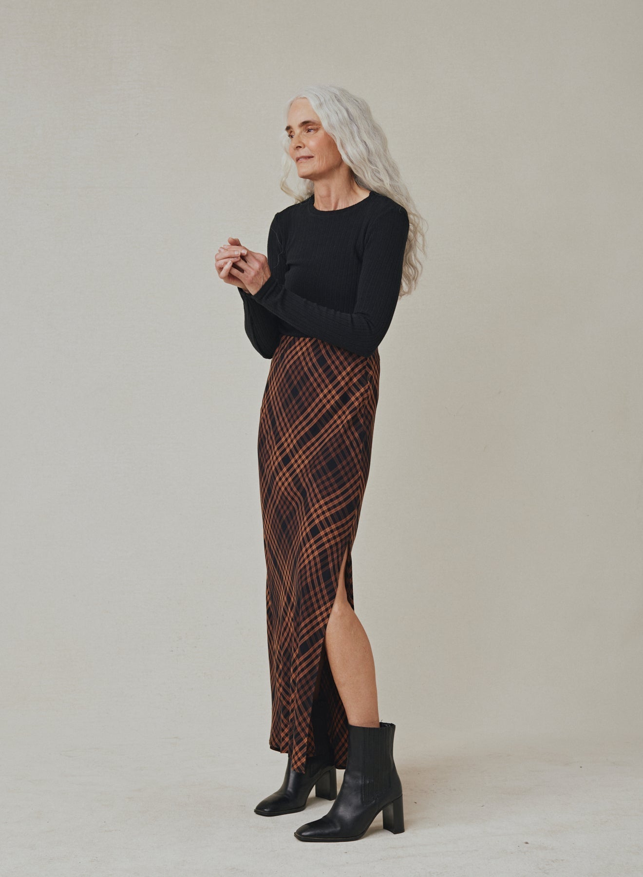 Side Slit Bias Maxi Skirt | Autumn Ember Plaid