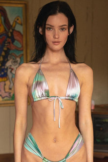 Green and purple tie-dye triangle bikini top with adjustable neck and center tie closure.