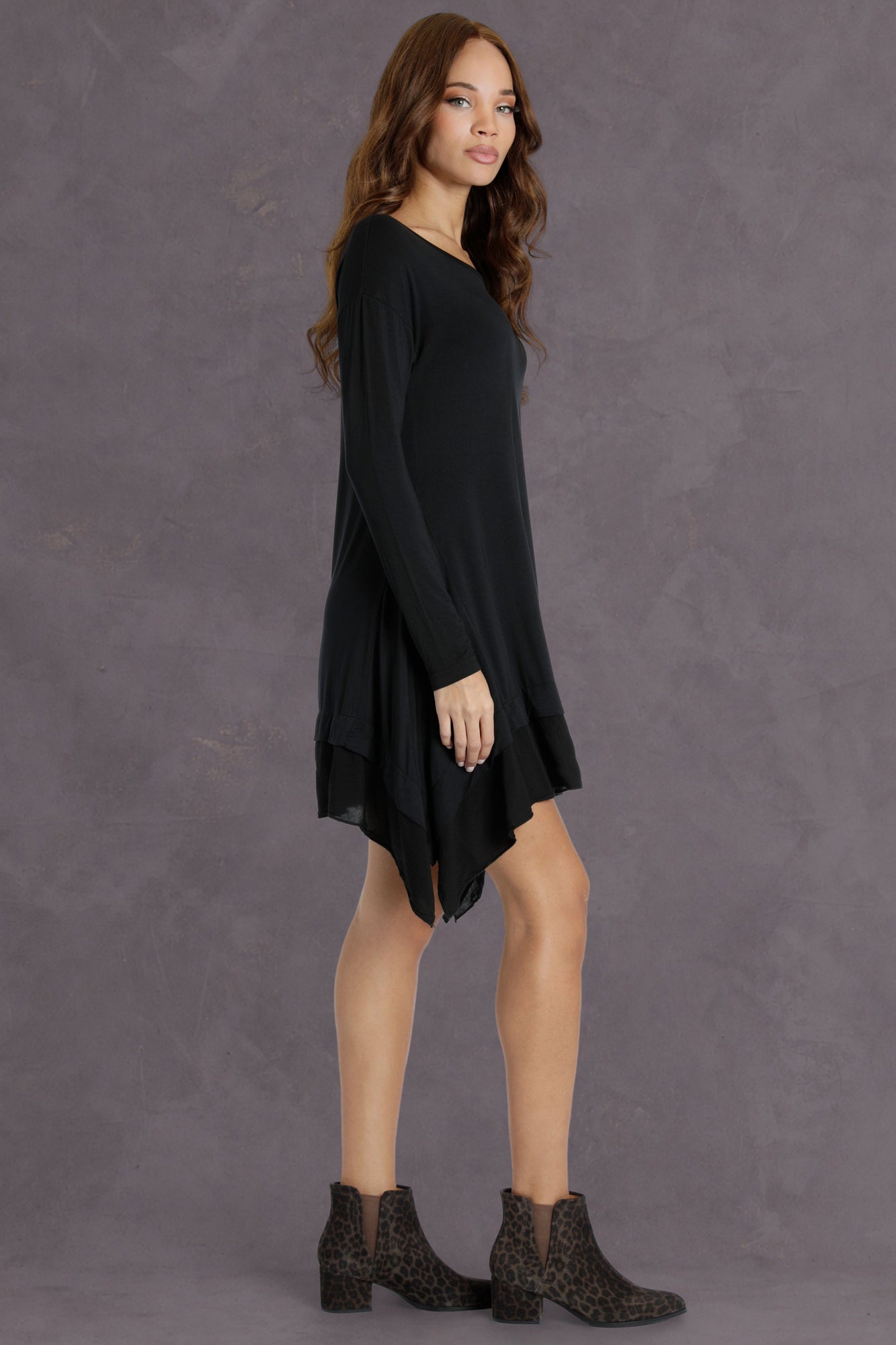 Women | Long Sleeve Handkerchief Hem Dress | Black