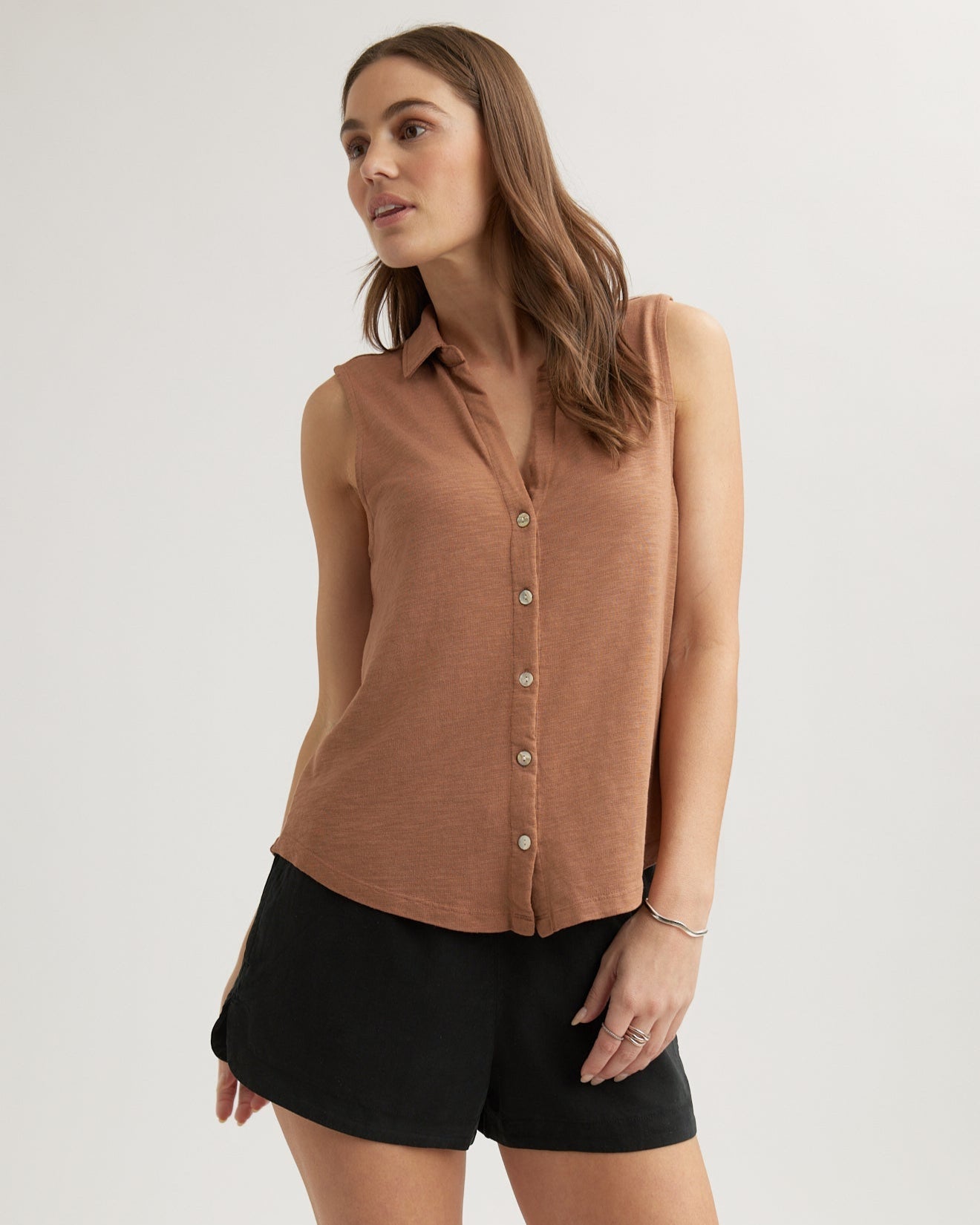 Sleeveless Button Front Top | Terracotta Brown