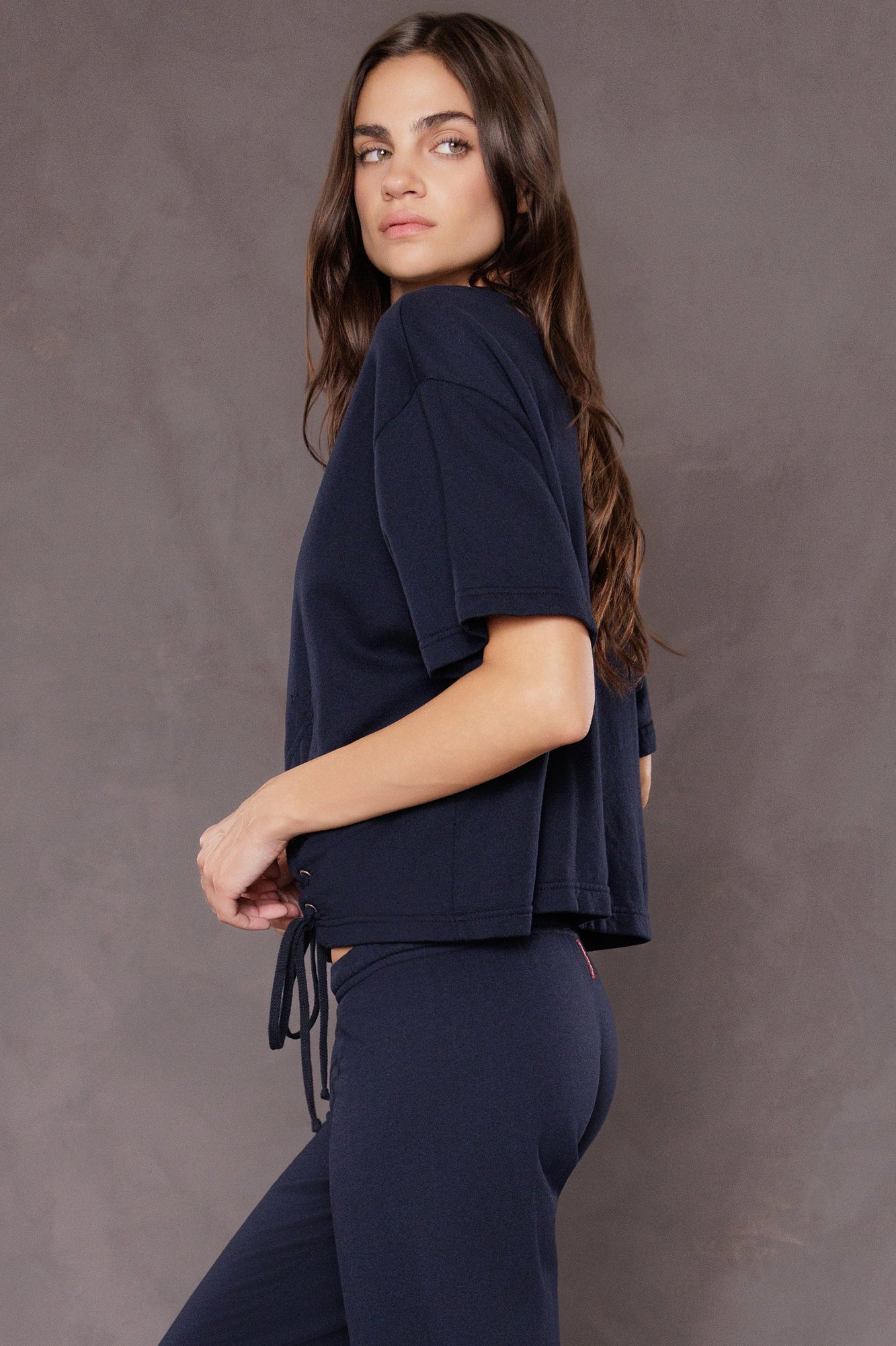 Women | Laced Short Sleeve Baby Fleece Sweatshirt | Past Midnight