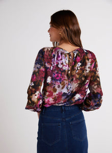 Smocked Neck Raglan Sleeve Top | Twilight Fleur Print