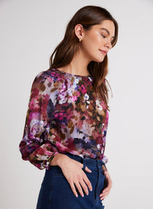 Smocked Neck Raglan Sleeve Top | Twilight Fleur Print