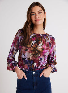 Smocked Neck Raglan Sleeve Top | Twilight Fleur Print
