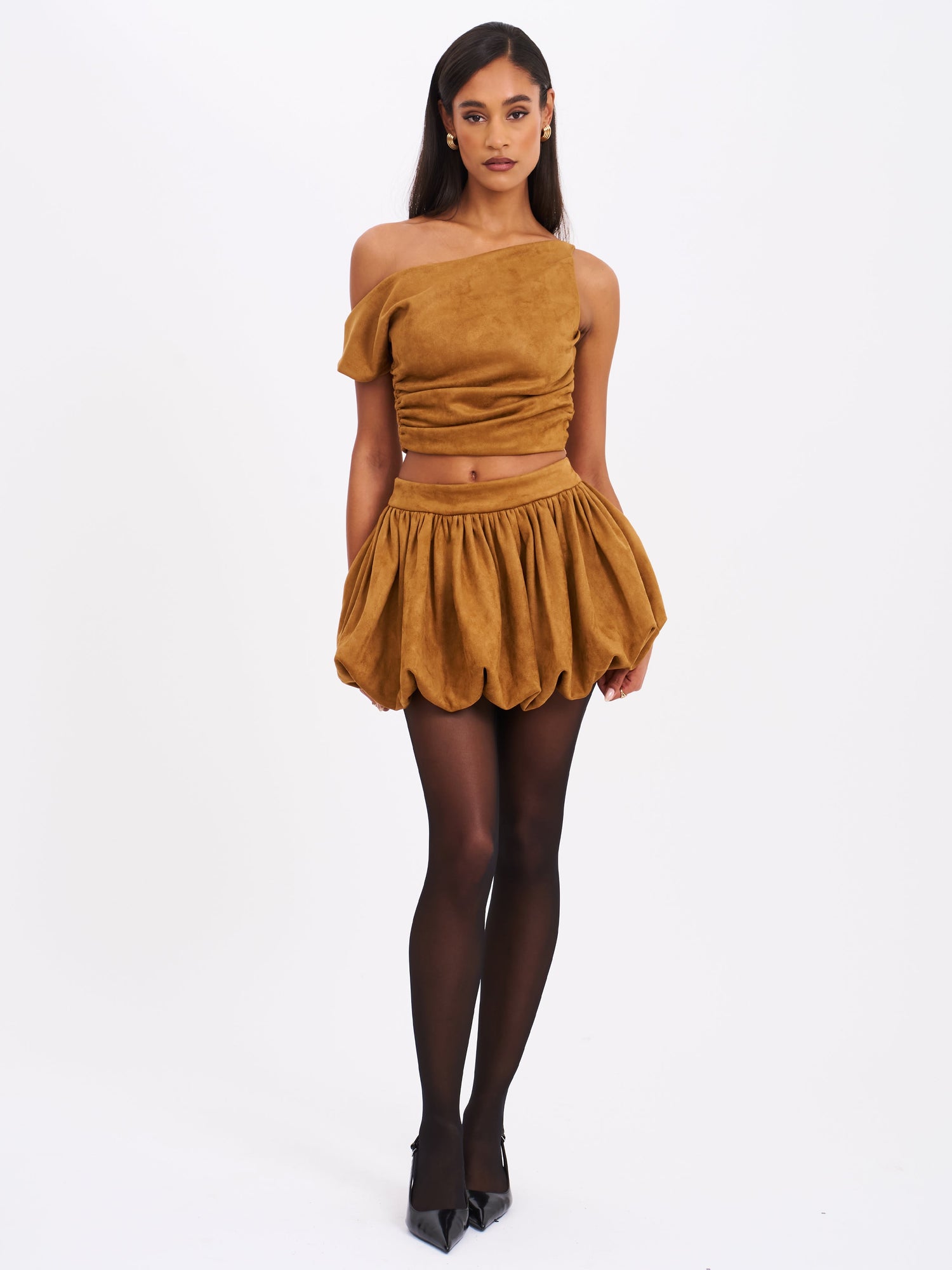 Yuna Bubble Hem Skirt | Brown Suede