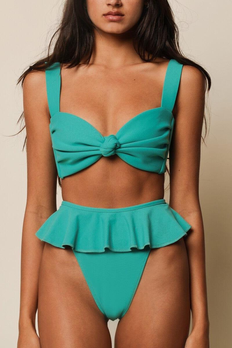 Teal bikini top with sweetheart neckline, wide shoulder straps, and front bow detail.