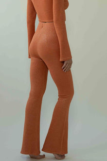 Rust-colored knit flare pants with sparkle finish, shown from back on model.