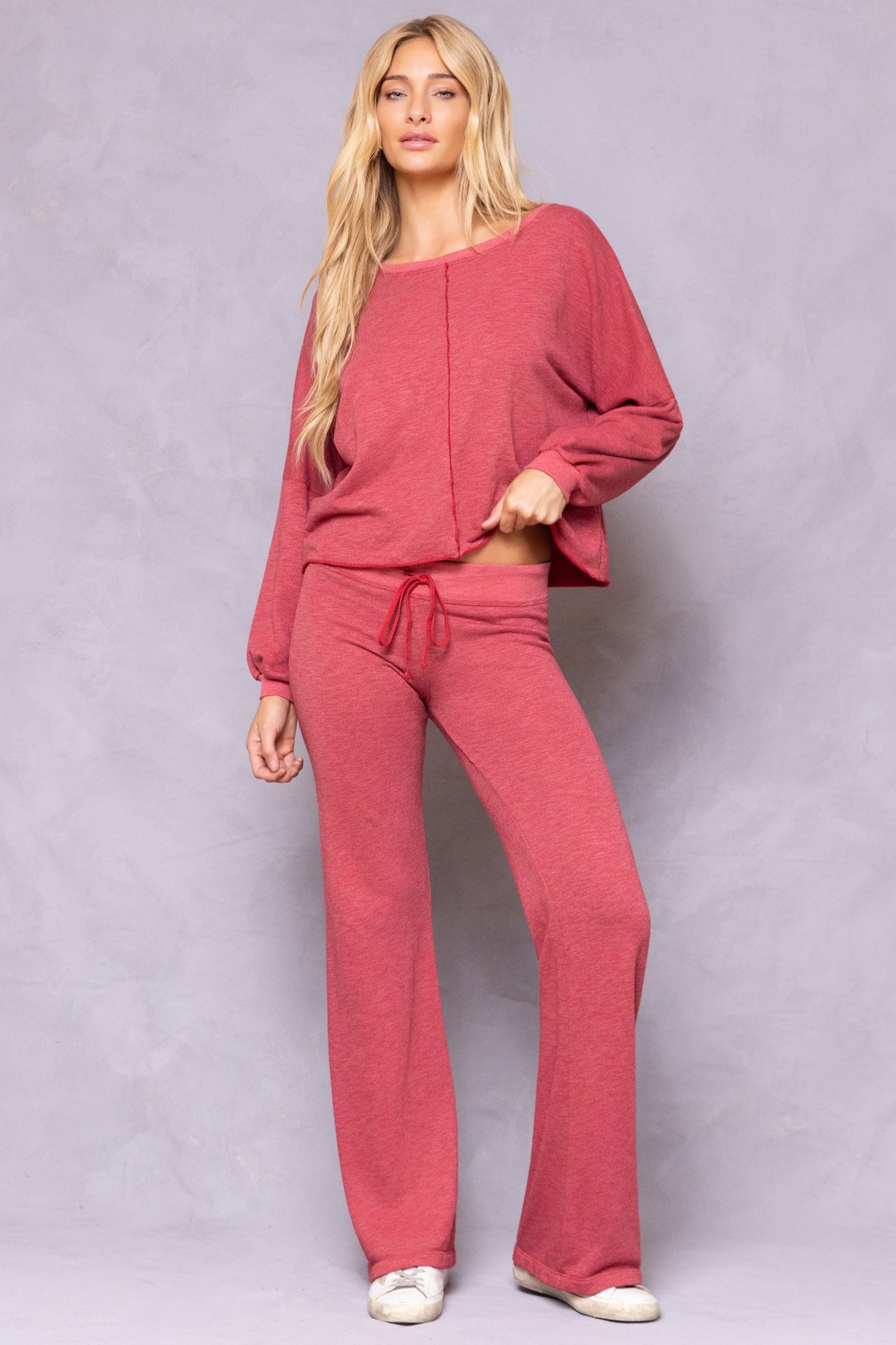 Women | Striated Wide Leg Drawstring Sweatpant | Crimson