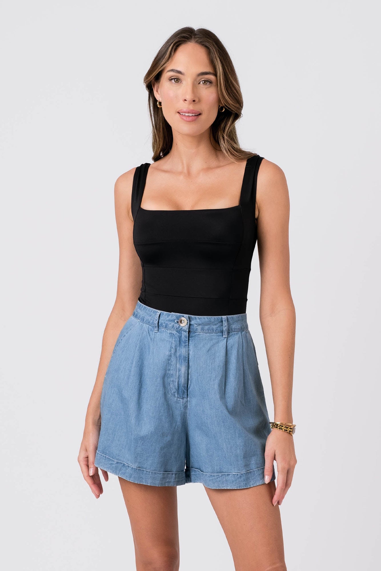 UNE PIECE-Chambray High-Waisted Shorts