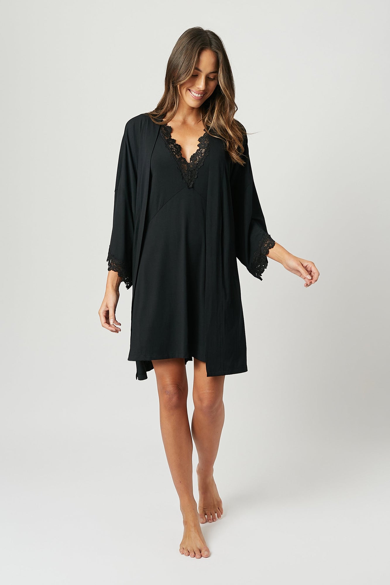 UNE PIECE-Lace Trim V-Neck Nightie BLACK