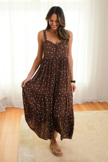 UNE PIECE-Sweetheart Neckline Maxi Dress CHOCOLATE POLKA