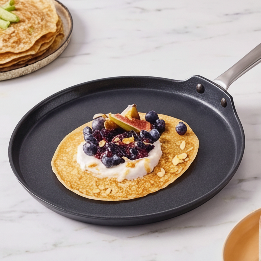 Golden pancake topped with blueberries, figs, and cream in a nonstick skillet