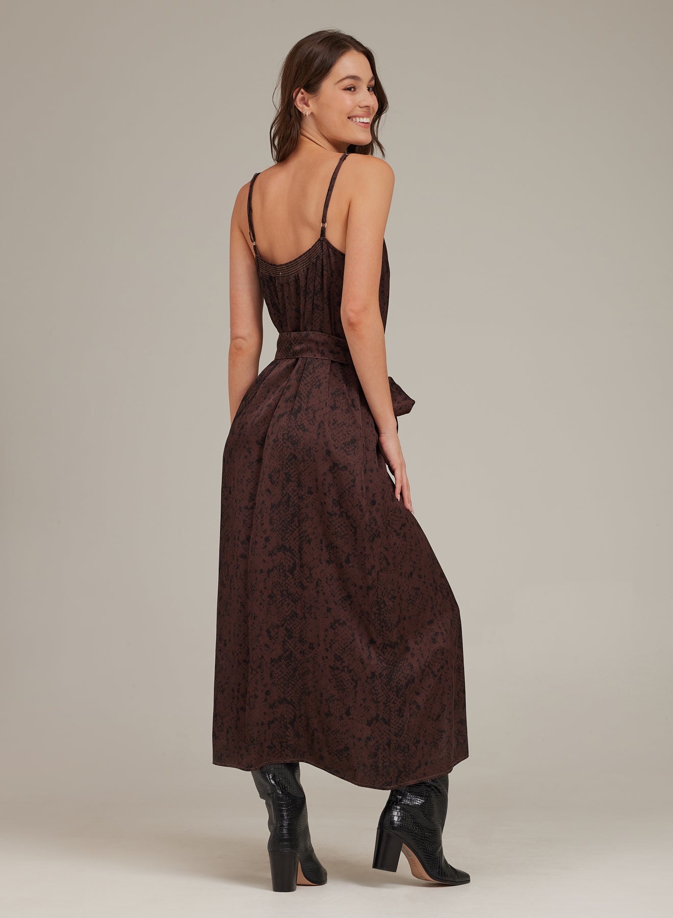 V-Neck Midi Dress | Brown Snake Print