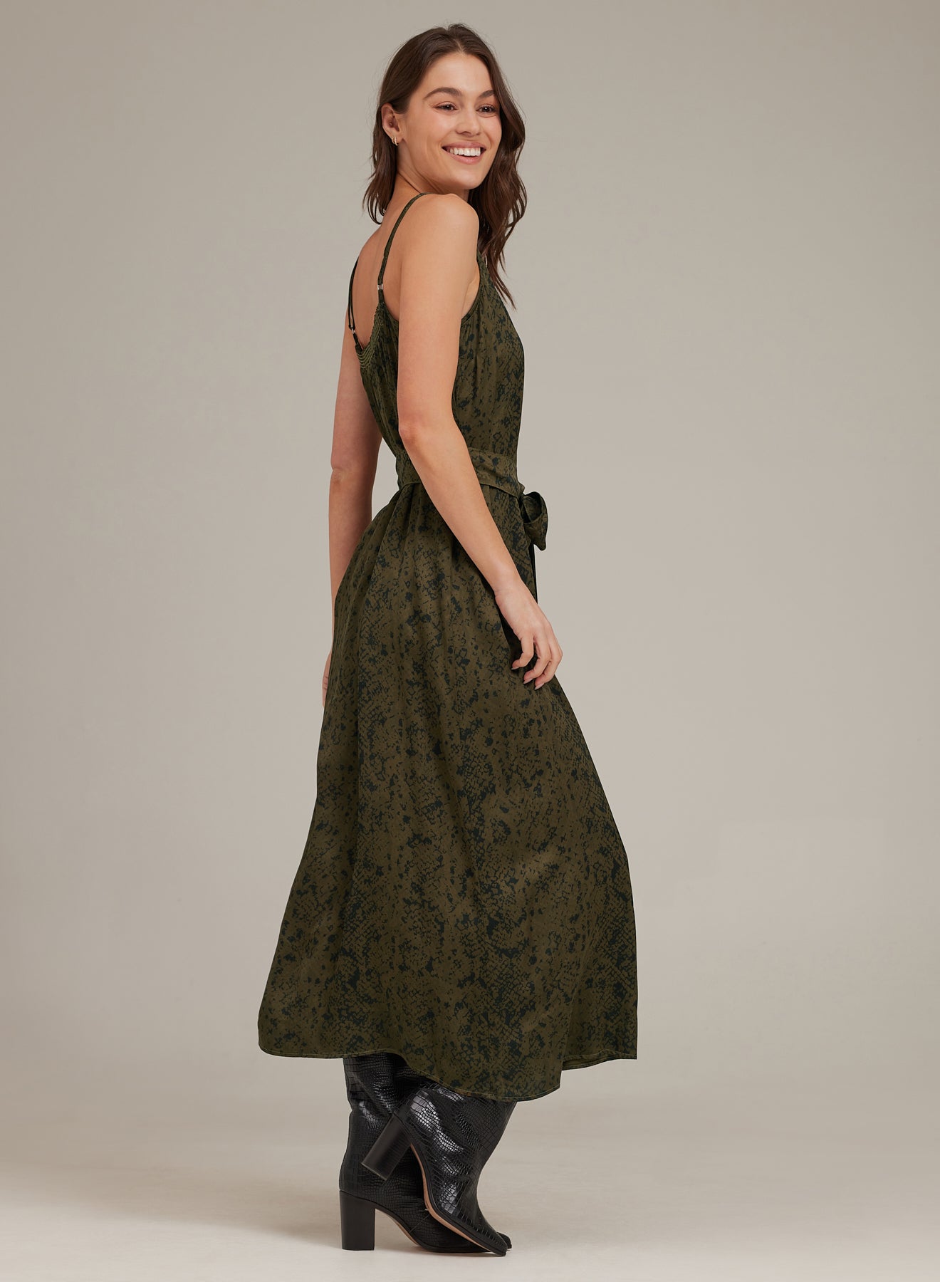 V-Neck Midi Dress | Olive Snake Print