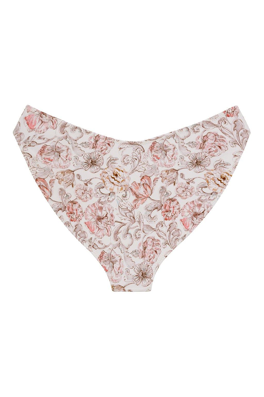 Cream bikini bottom with red and pink floral print and zig-zag stitch detailing on sides.