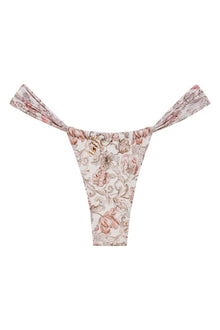 Cream bikini bottom with rose and brown floral print, featuring ruched side details and thin straps.