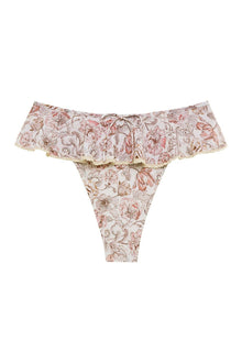 Cream bikini bottom with red and pink floral print and ruffled waistband trim.