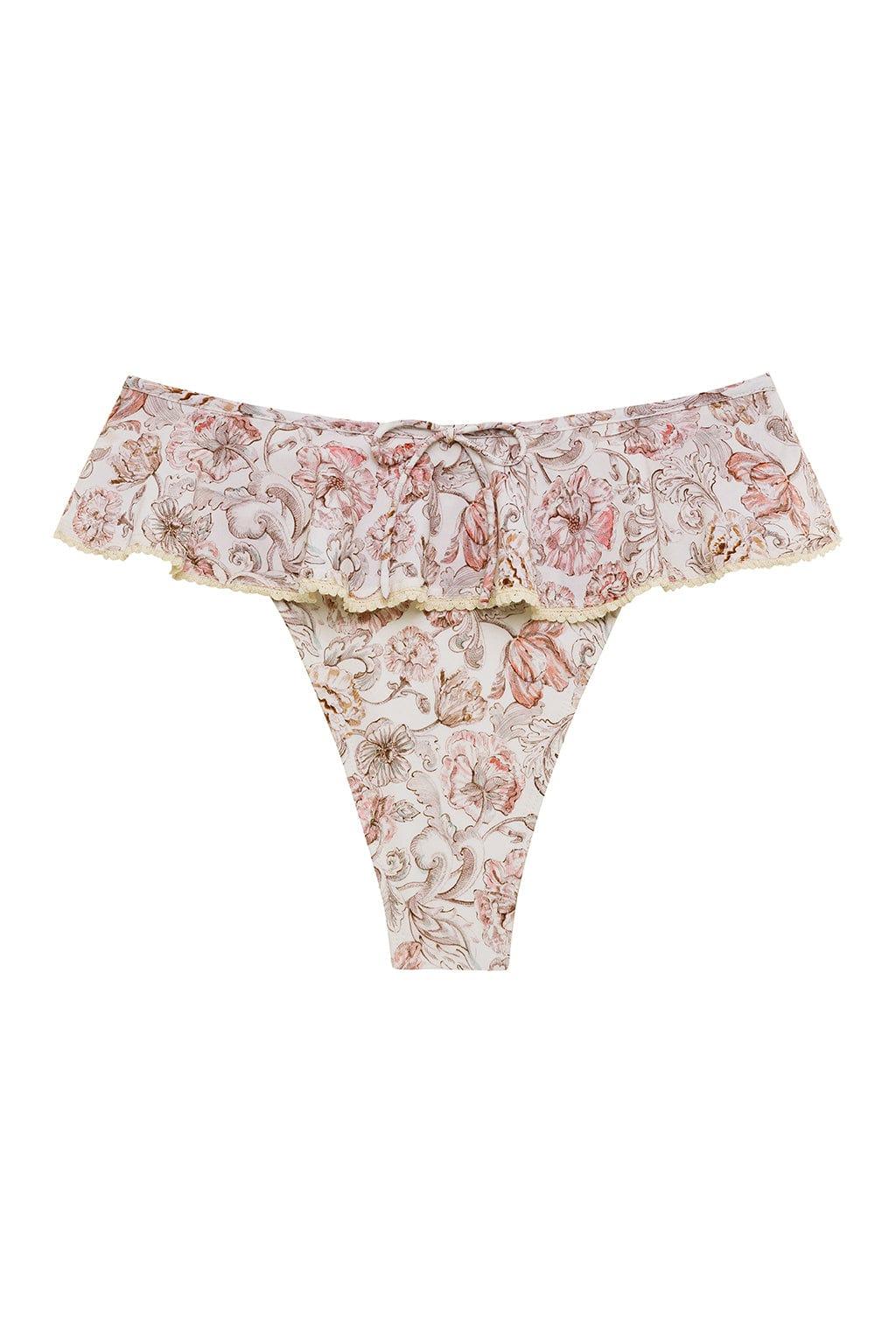 Cream bikini bottom with red and pink floral print and ruffled waistband trim.