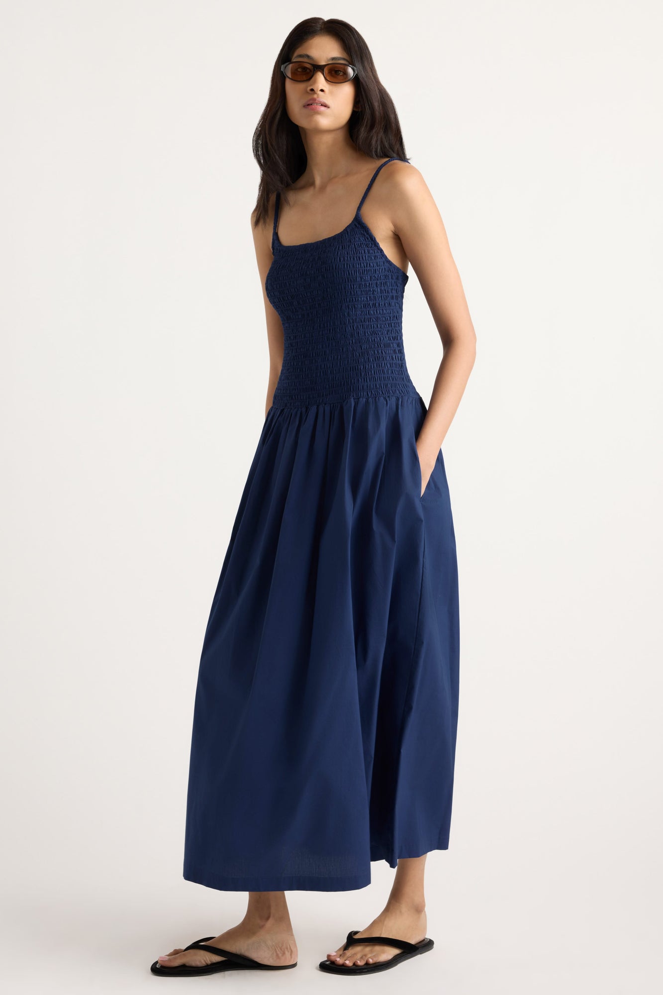 Arya | Venus Smocked Organic Cotton Midi Dress in Size Small