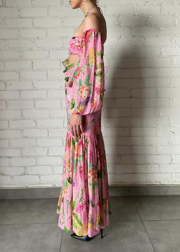 Off-The-Shoulder Viscose Long Dress | Pink/Multi